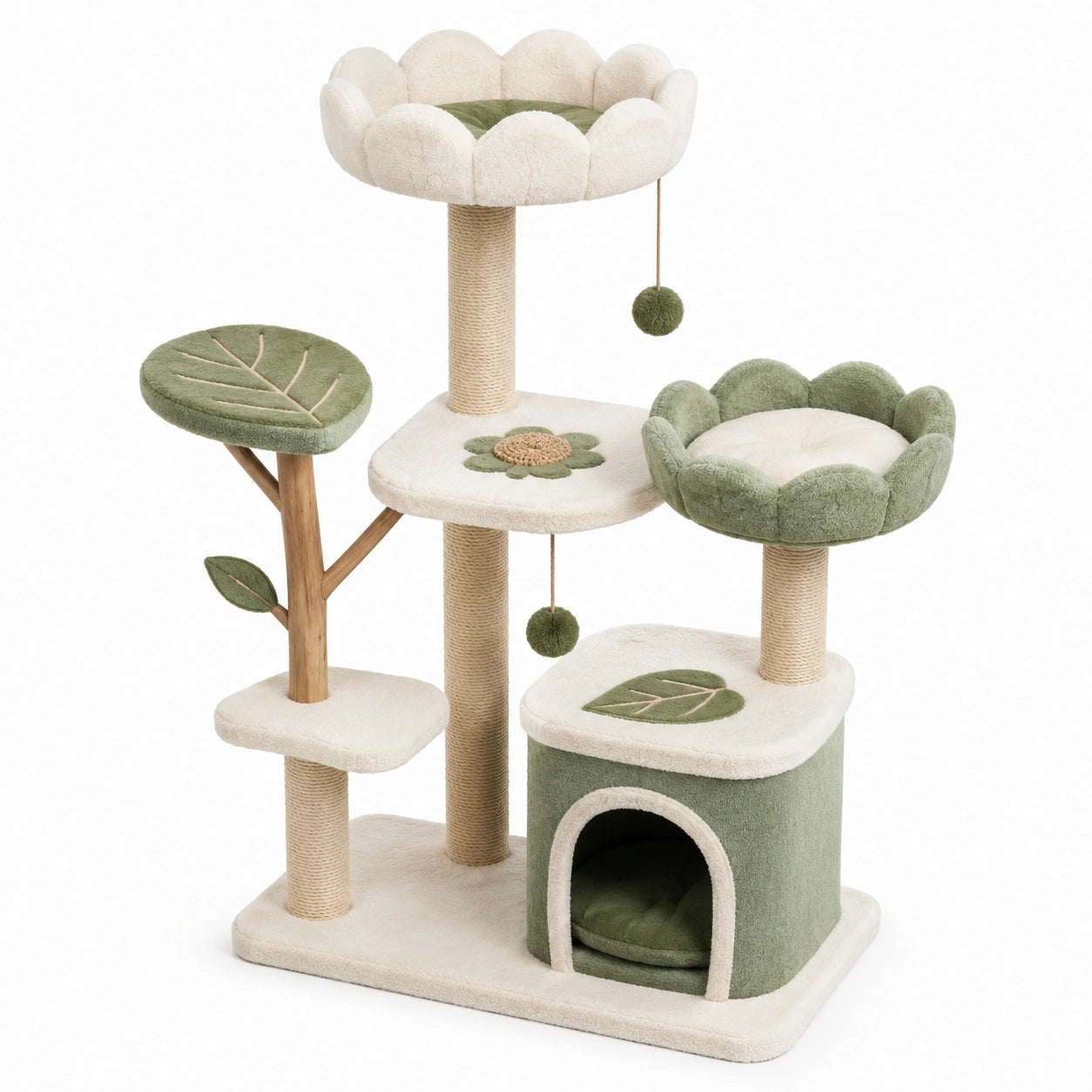 Albero tiragraffi multilivello per gatti 100 × 60 × 150 cm in sisal e peluche, verde, crema e beige, con cuccette e piattaforme