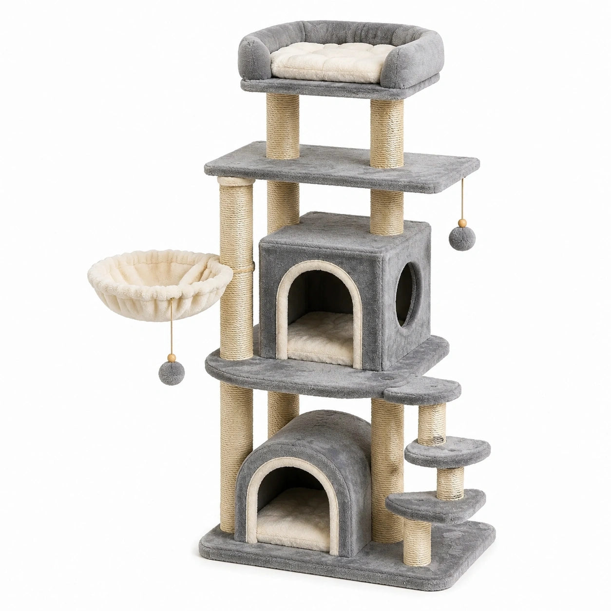 Tiragraffi per gatti multilivello 80 × 55 × 160 cm in sisal e peluche grigio, beige e crema con due cucce