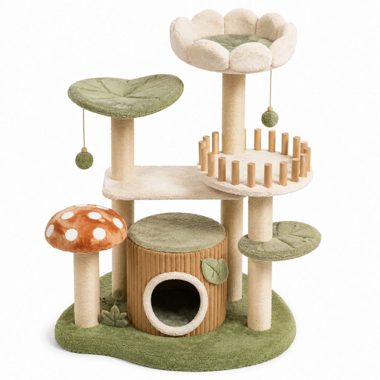 Tiragraffi per gatti multilivello 115 × 60 × 145 cm in sisal e tessuto verde, crema e marrone con cuccia e giochi
