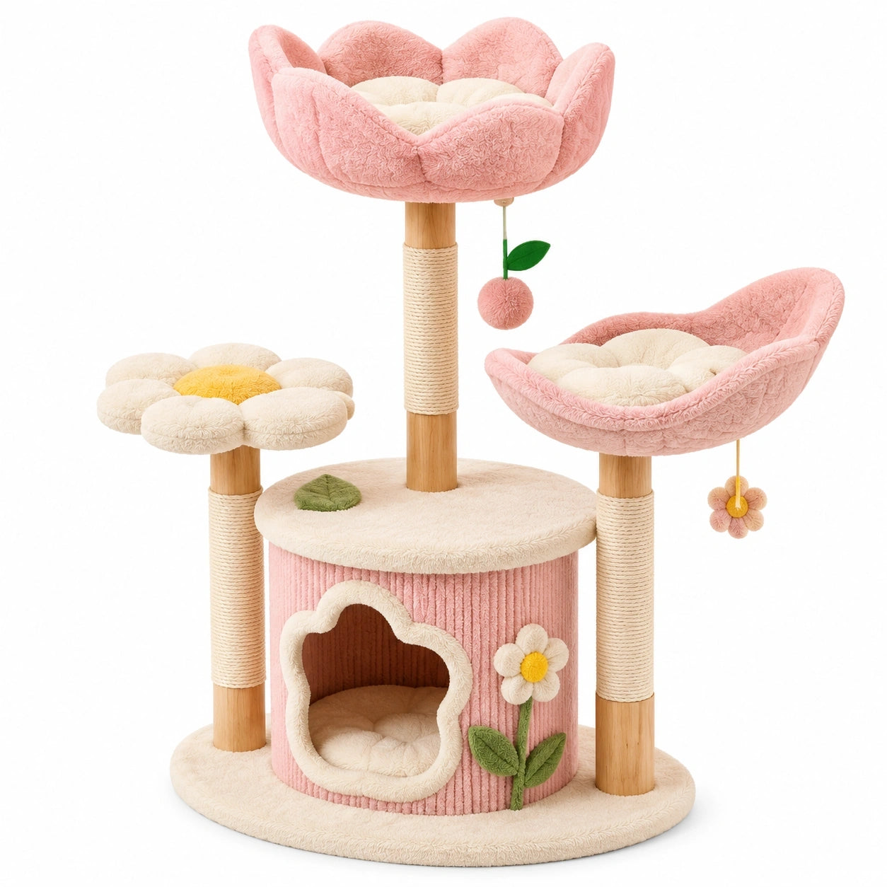 Albero tiragraffi rosa con cuccia, piattaforme floreali e pali in sisal, 100 × 60 × 120 cm