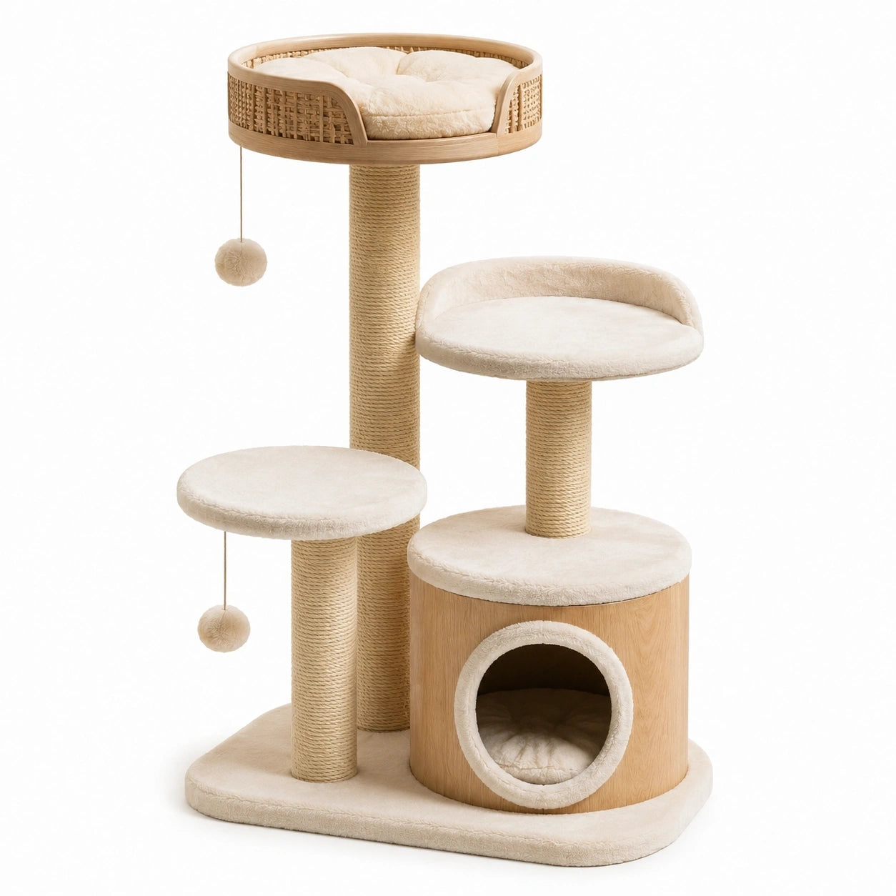 Tiragraffi multilivello in legno, sisal e peluche beige, 85 × 55 × 145 cm, con cuccia e piattaforme