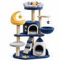 Tiragraffi multilivello 105 × 60 × 165 cm in peluche blu con cucce, piattaforme e colonne in sisal