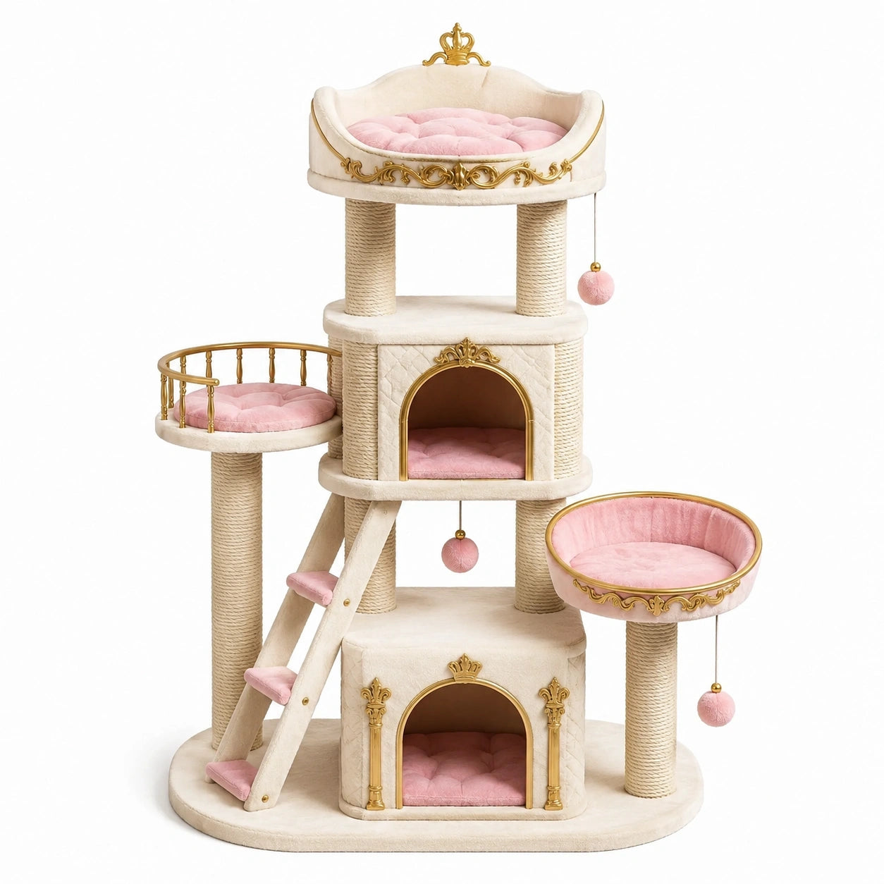 Tiragraffi multilivello per gatti 100 × 60 × 165 cm in sisal e peluche Beige, Rosa e Oro con cucce