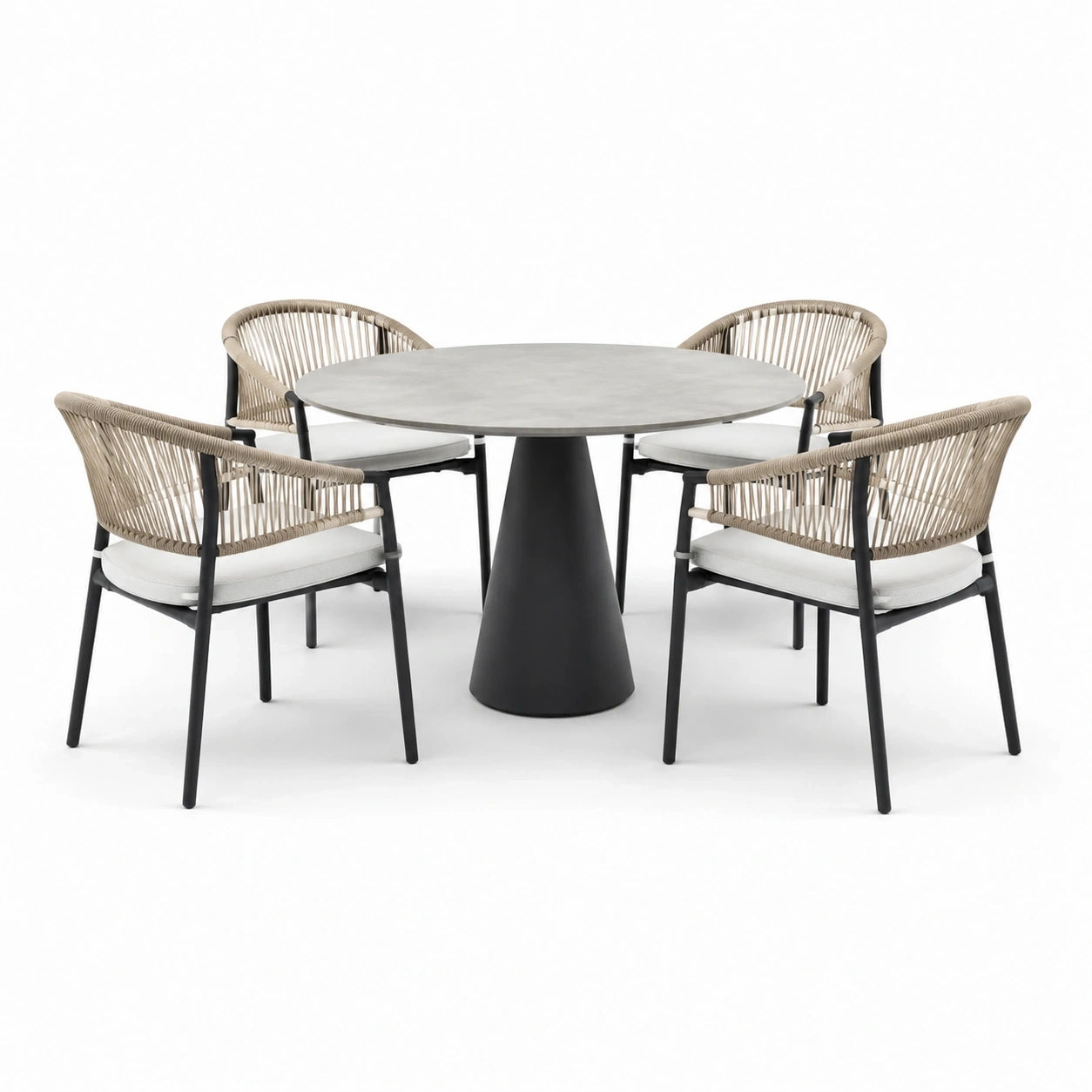 Completo da pranzo da giardino 5 pezzi con tavolo rotondo Ø 120 × 75 cm e 4 sedie 61 × 63 × 81 cm, beige, grigio, nero e bianco