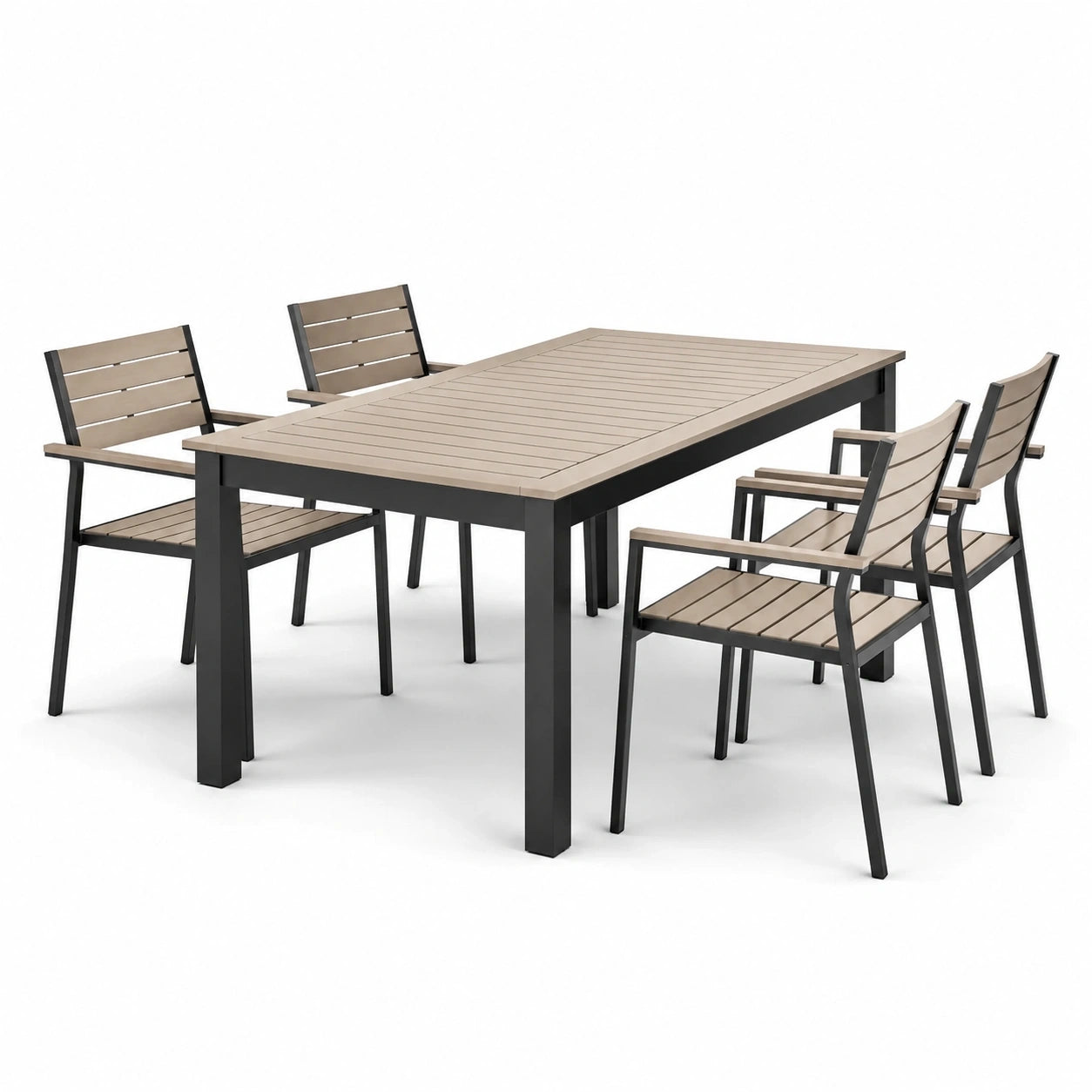 Completo da pranzo per esterni in 5 pezzi, tavolo 150 × 90 × 75 cm e 4 sedie, nero e tortora