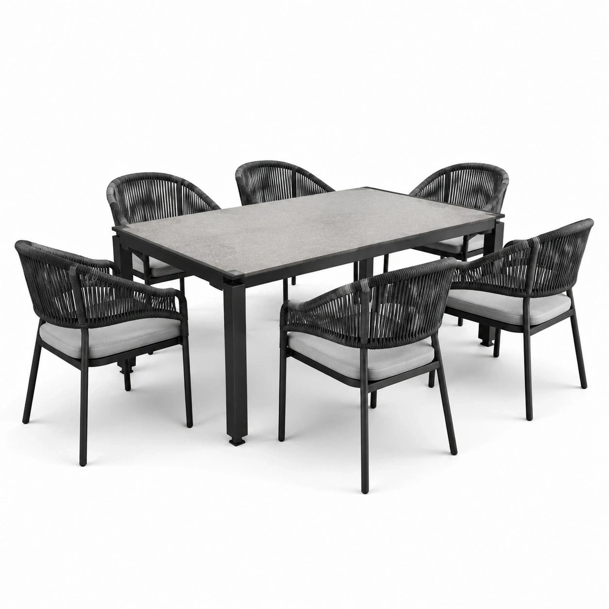 Set da pranzo da giardino 7 pezzi con tavolo 150 × 90 × 75 cm e 6 sedie 58 × 60 × 78 cm, grigio e nero