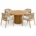 Set da pranzo da giardino in legno naturale con tavolo rotondo Ø 120 × 75 cm e 4 poltroncine 59 × 60 × 79 cm beige e bianche