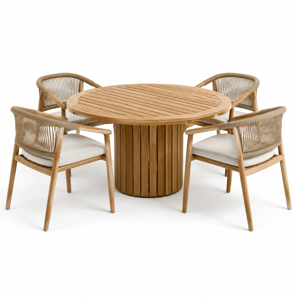 Set da pranzo da giardino in legno naturale con tavolo rotondo Ø 120 × 75 cm e 4 poltroncine 59 × 60 × 79 cm beige e bianche