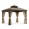 Gazebo da giardino 300 × 300 × 280 cm in metallo marrone scuro con tende beige e tetto rigido ventilato