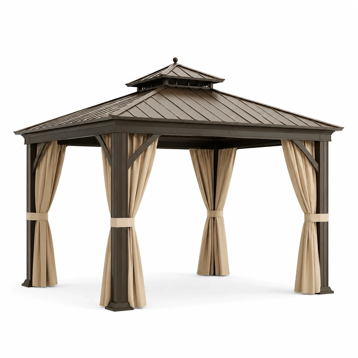 Gazebo da giardino 300 × 300 × 280 cm in metallo marrone scuro con tende beige e tetto rigido ventilato