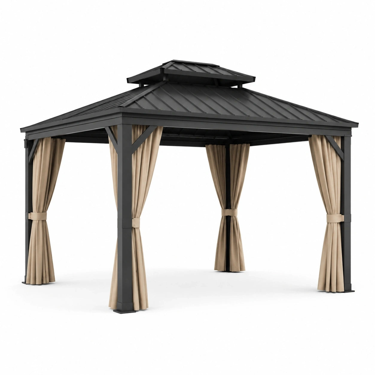 Gazebo da giardino 400 × 300 × 285 cm in metallo antracite con tetto rigido e tende beige