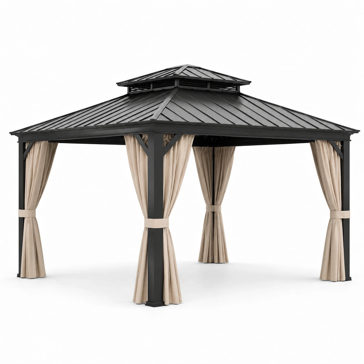 Gazebo da giardino 300 × 300 × 280 cm in metallo antracite con tende beige e tetto rigido ventilato