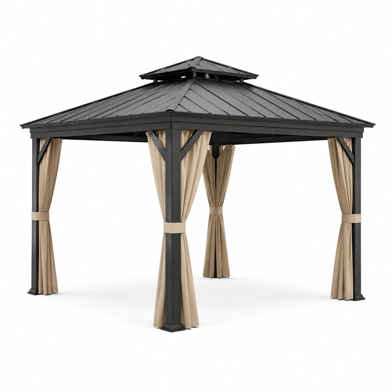 Gazebo da giardino 300 × 300 × 270 cm in metallo antracite con tetto rigido e tende beige
