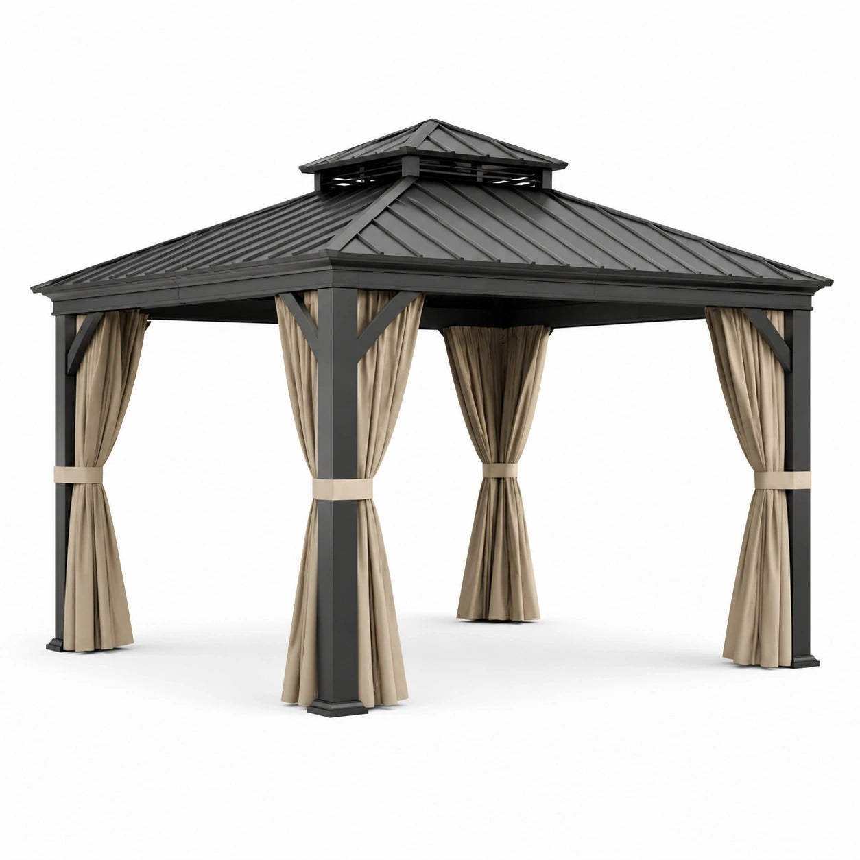 Gazebo da giardino 400 x 300 x 290 cm in metallo antracite con tetto rigido e tende beige