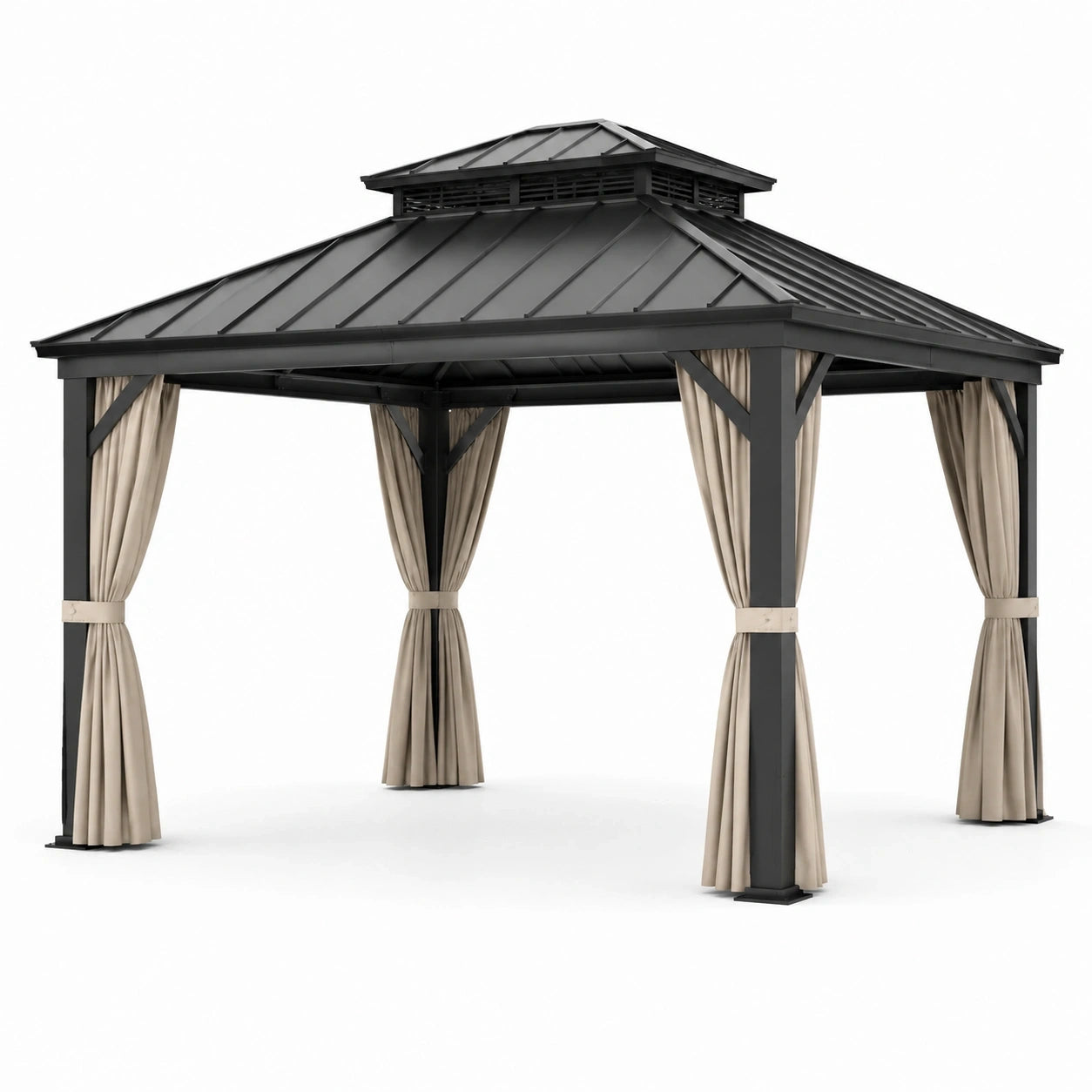 Gazebo da giardino 400 × 300 × 280 cm in metallo antracite con tende beige e tetto rigido ventilato