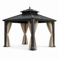 Gazebo da giardino in metallo antracite con tetto rigido e tende beige, 300 × 300 × 290 cm