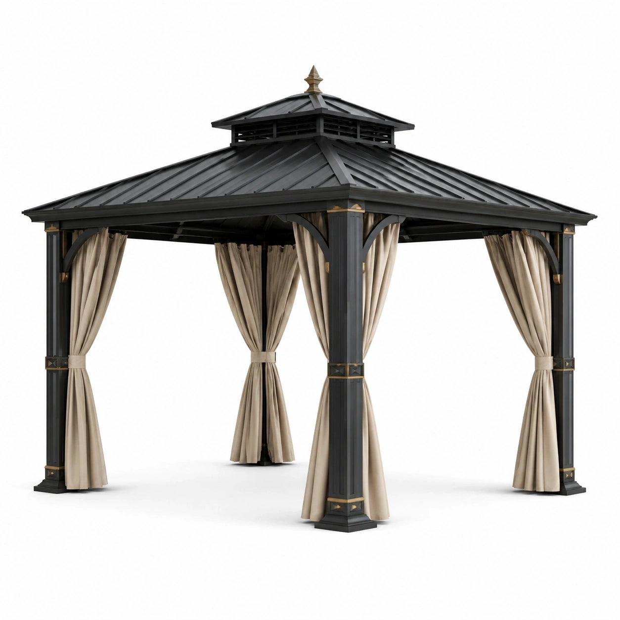 Gazebo da giardino in metallo antracite con tetto rigido e tende beige, 300 × 300 × 290 cm