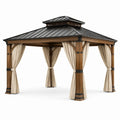Gazebo da giardino in legno marrone con tetto rigido nero e tende beige, 400 × 300 × 310 cm