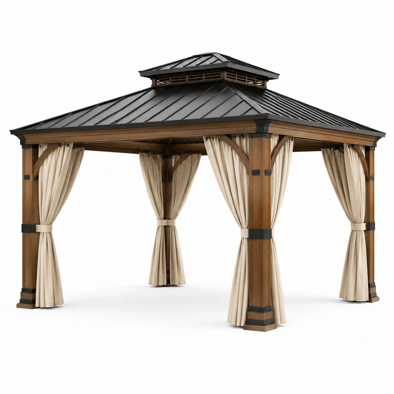 Gazebo da giardino in legno marrone con tetto rigido nero e tende beige, 400 × 300 × 310 cm