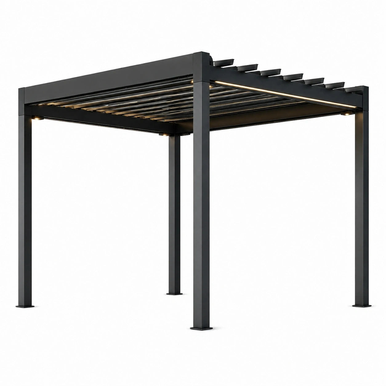 Pergola da giardino in alluminio nero 300 × 300 × 250 cm con lamelle orientabili e illuminazione LED