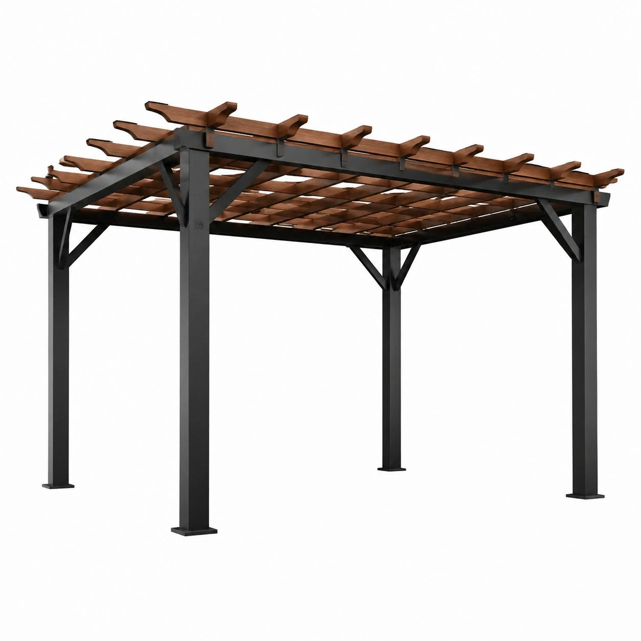 Pergola moderna da giardino in metallo nero e legno marrone, 305 × 305 × 244 cm