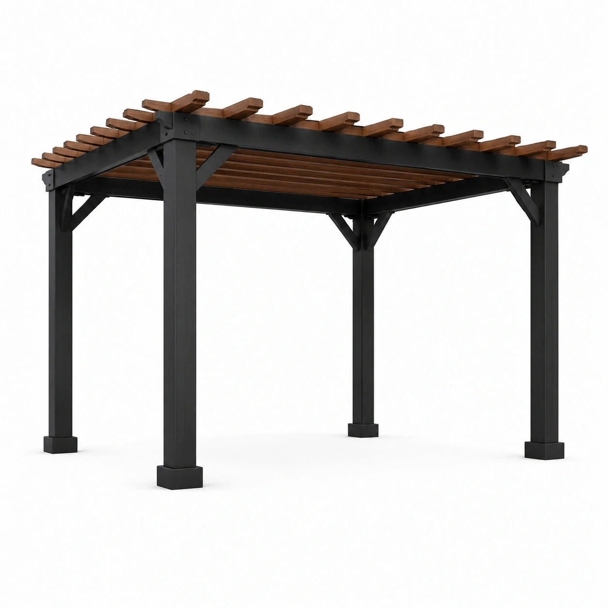 Pergola autoportante da giardino 300 × 300 × 250 cm in metallo nero e legno marrone con copertura a lamelle