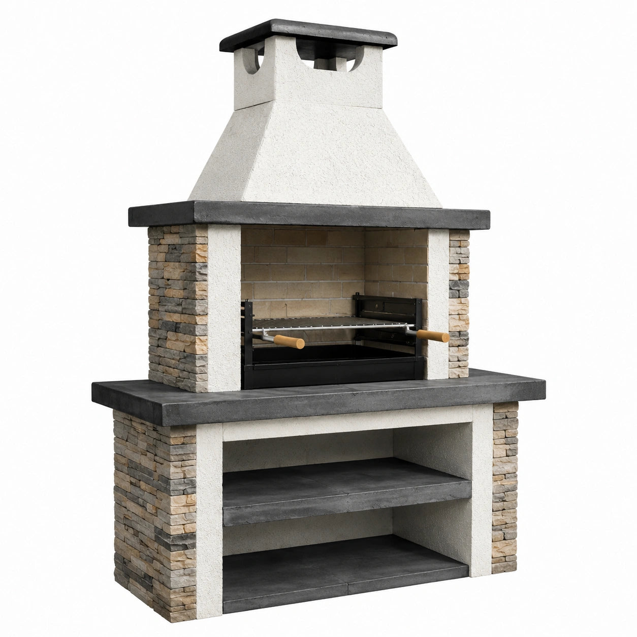 Barbecue da giardino in muratura con griglia regolabile, 140 × 70 × 225 cm, bianco, antracite, beige e nero
