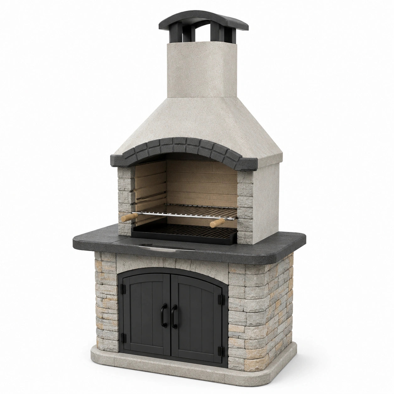 Barbecue da giardino in calcestruzzo grigio, nero e beige 110 x 65 x 210 cm con griglia e vano contenitore
