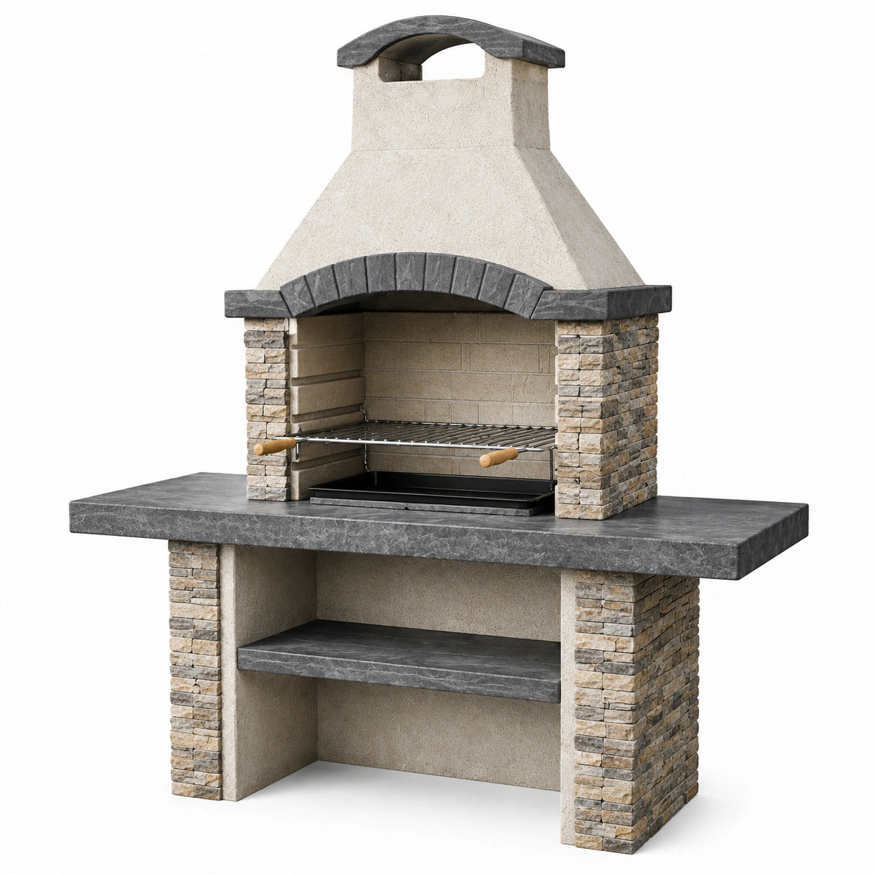 Barbecue da giardino in muratura beige e grigio 160 × 70 × 230 cm con griglia regolabile