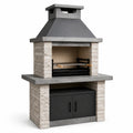 Barbecue da giardino in muratura bianca e acciaio grigio 120 × 70 × 220 cm con cappa, griglia regolabile e mobile