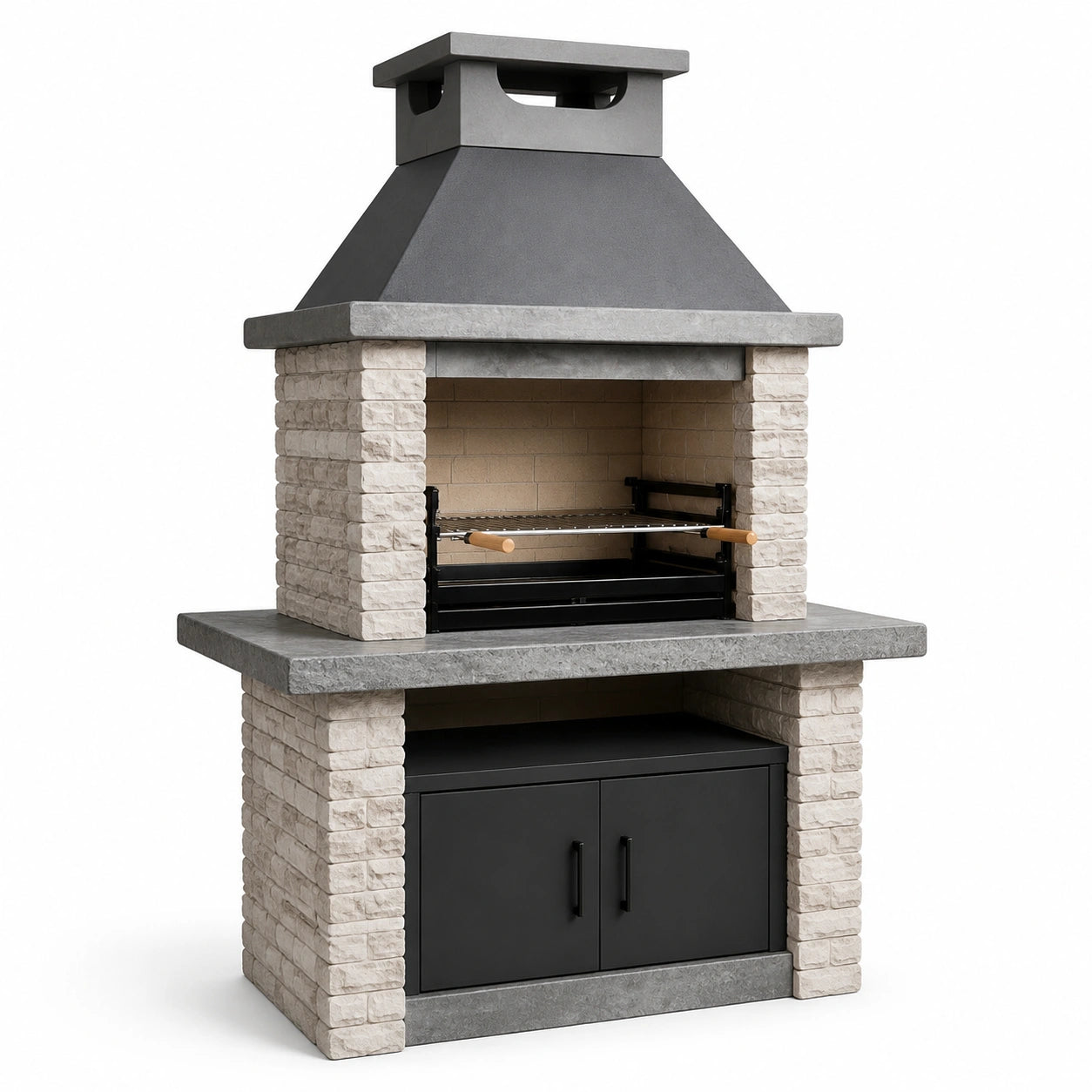 Barbecue da giardino in muratura bianca e acciaio grigio 120 × 70 × 220 cm con cappa, griglia regolabile e mobile