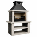 Barbecue da giardino in muratura grigio chiaro, nero e beige, 110 x 65 x 210 cm, con cappa e griglia regolabile