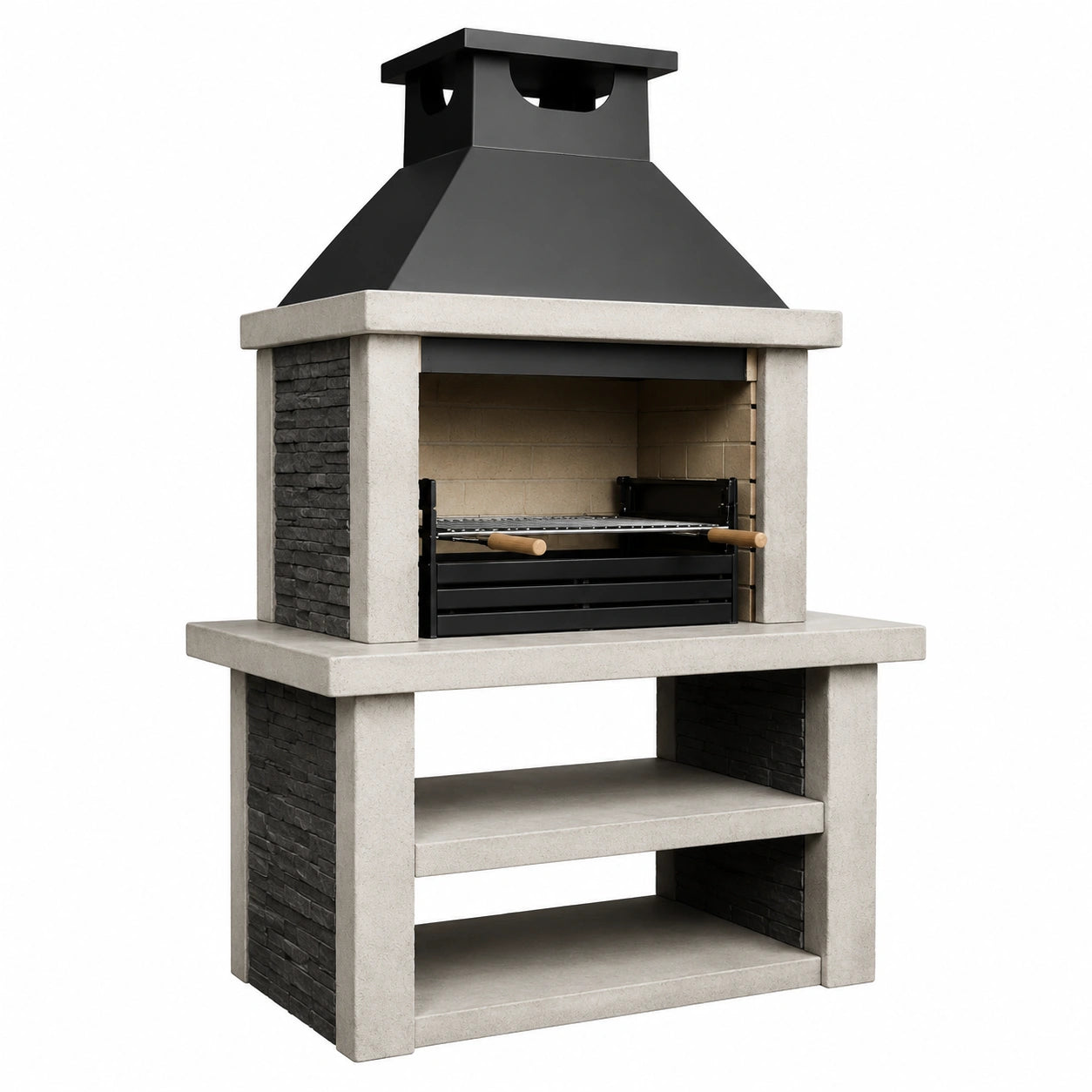 Barbecue da giardino in muratura grigio chiaro, nero e beige, 110 x 65 x 210 cm, con cappa e griglia regolabile