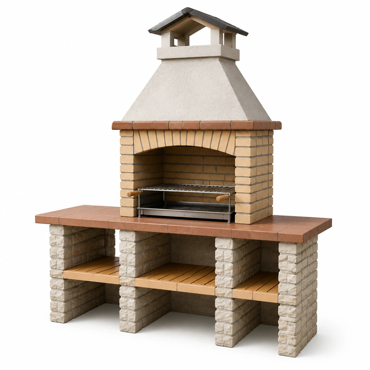 Barbecue da giardino in muratura beige e terracotta 180 × 70 × 230 cm con camino, griglia e piani laterali