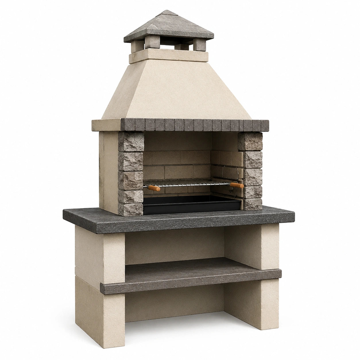 Barbecue da giardino in calcestruzzo beige, grigio e nero 114 x 70 x 220 cm con cappa, griglia regolabile e ripiani