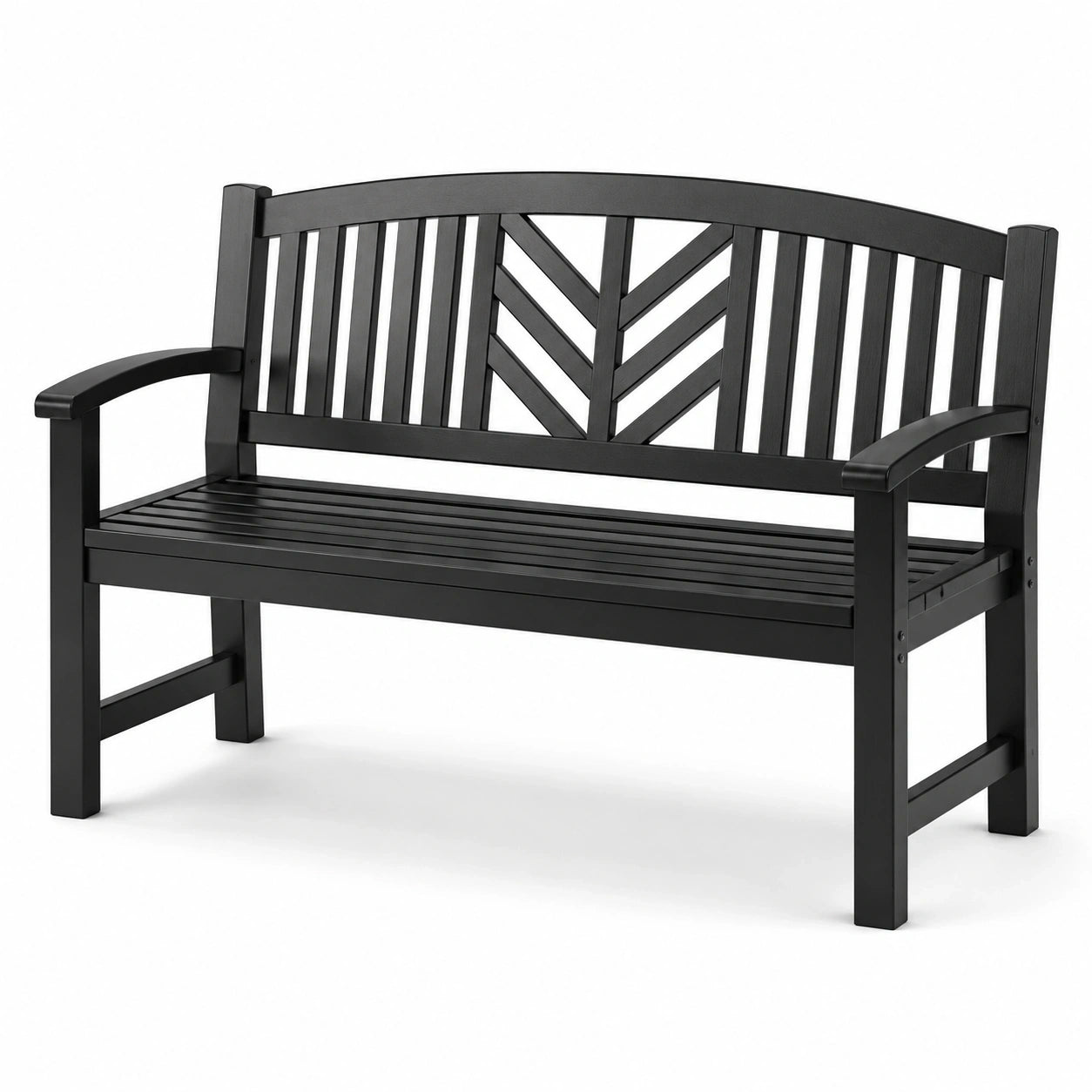 Panca da giardino a 2 posti in legno nero con braccioli e schienale decorativo, 120 × 60 × 90 cm