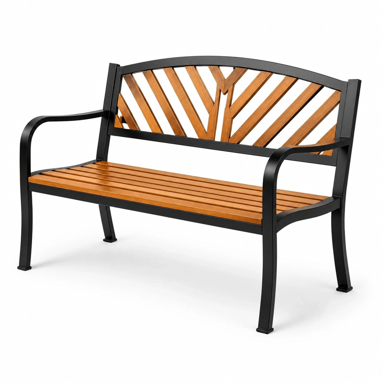 Panchina da giardino a 2 posti in metallo e legno 127 × 60 × 87 cm, Nero/Marrone, con braccioli e schienale decorato
