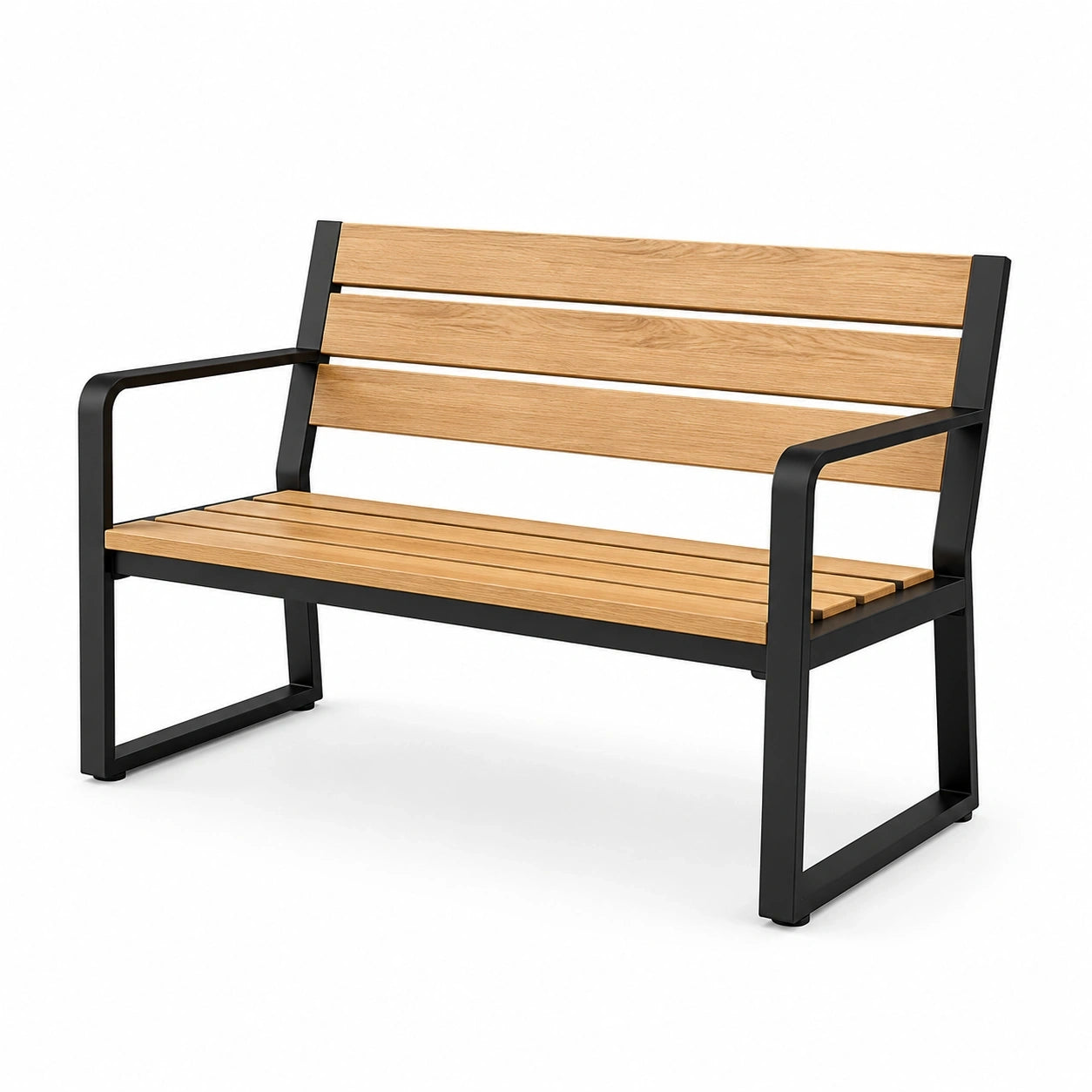 Panchina da giardino a 2 posti con braccioli, legno naturale e metallo nero, 120 x 60 x 85 cm