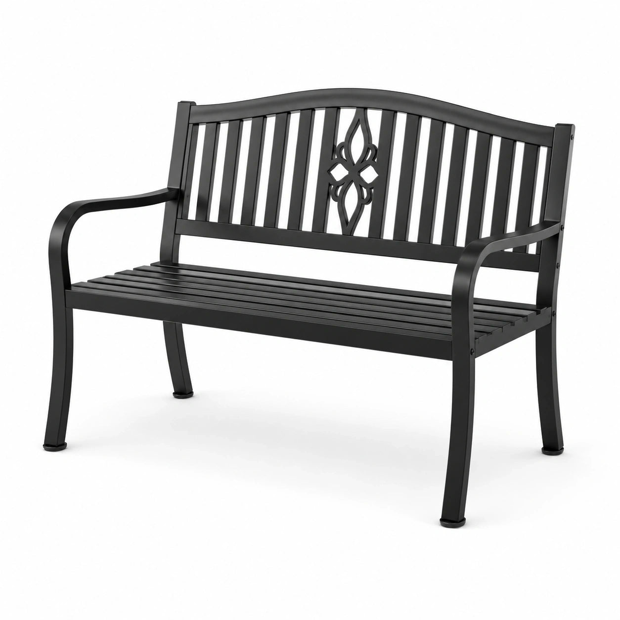Panca da giardino in metallo nero a 2 posti con schienale decorativo, 127 × 60 × 87 cm