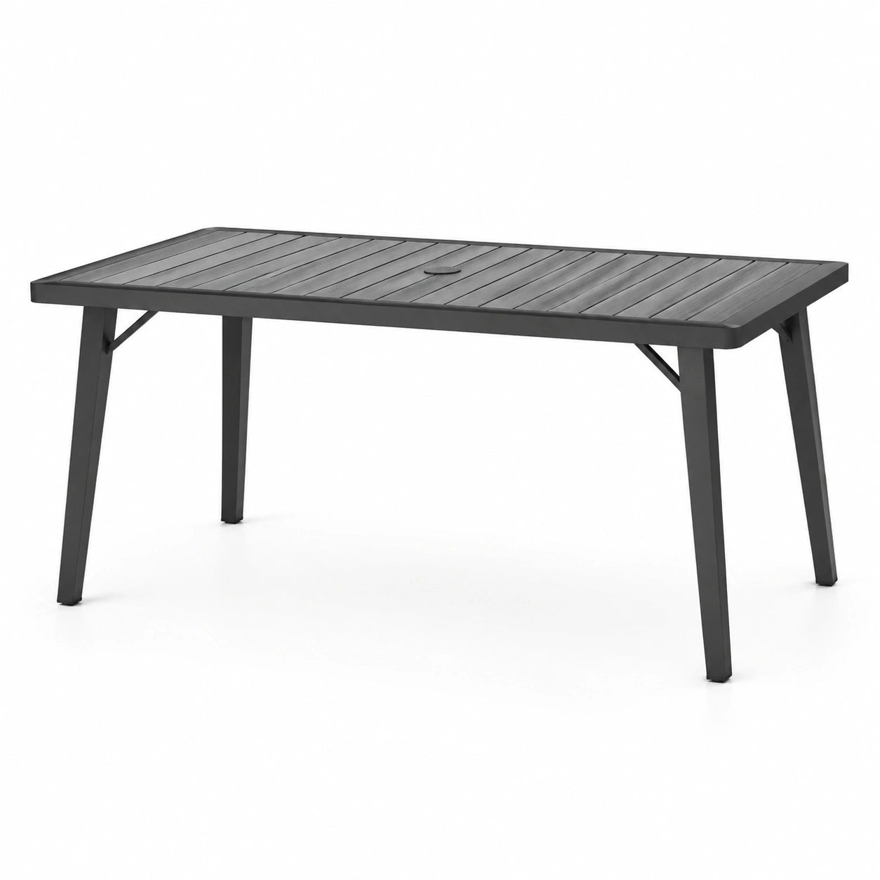 Tavolo rettangolare da esterno in metallo antracite con foro per ombrellone, 150 × 90 × 74 cm
