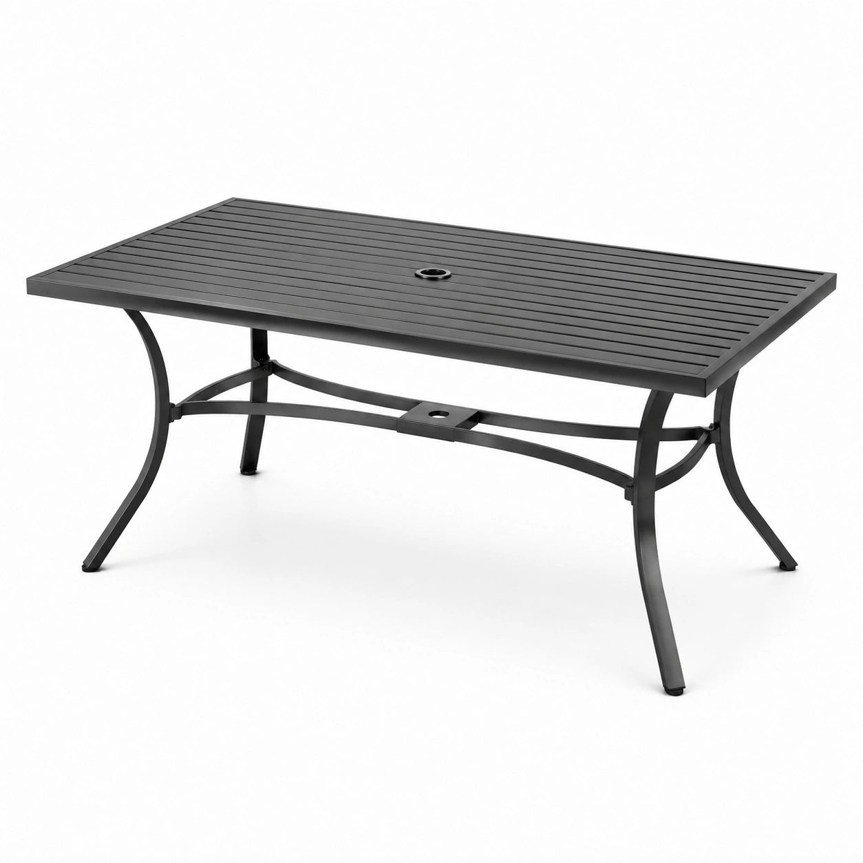 Tavolo da giardino rettangolare nero in metallo con foro per ombrellone, 150 × 90 × 74 cm