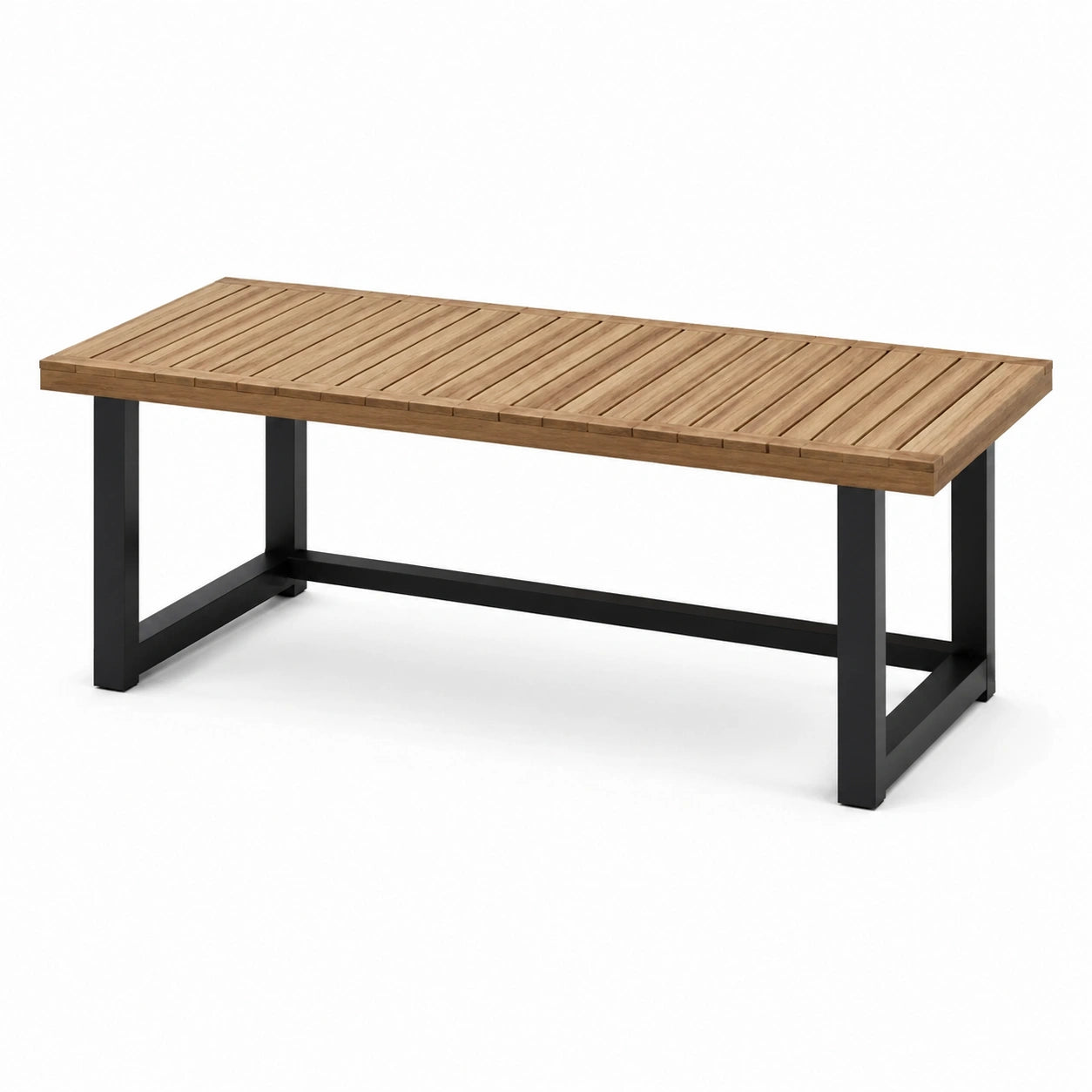 Tavolo da giardino in legno marrone e metallo nero con piano a doghe, 160 × 80 × 75 cm