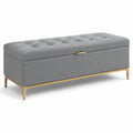 Panca contenitore imbottita 120 × 45 × 50 cm in tessuto grigio con base dorata e seduta capitonné