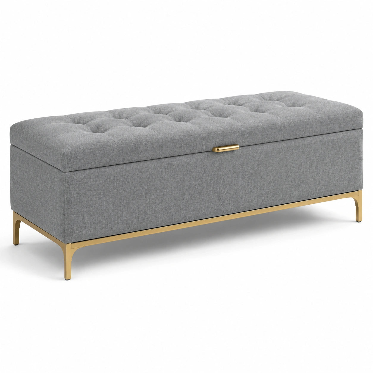 Panca contenitore imbottita 120 × 45 × 50 cm in tessuto grigio con base dorata e seduta capitonné
