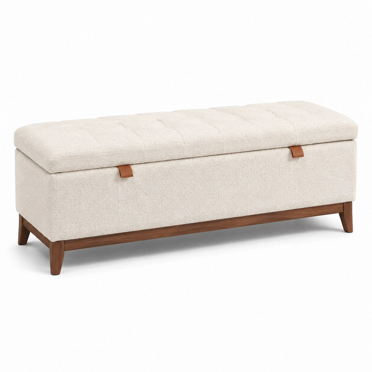 Panca contenitore imbottita 120 × 45 × 48 cm in tessuto bouclé crema con base in legno marrone