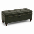 Panca contenitore imbottita in similpelle verde scuro con dettagli marroni e bronzo, 112 × 45 × 48 cm