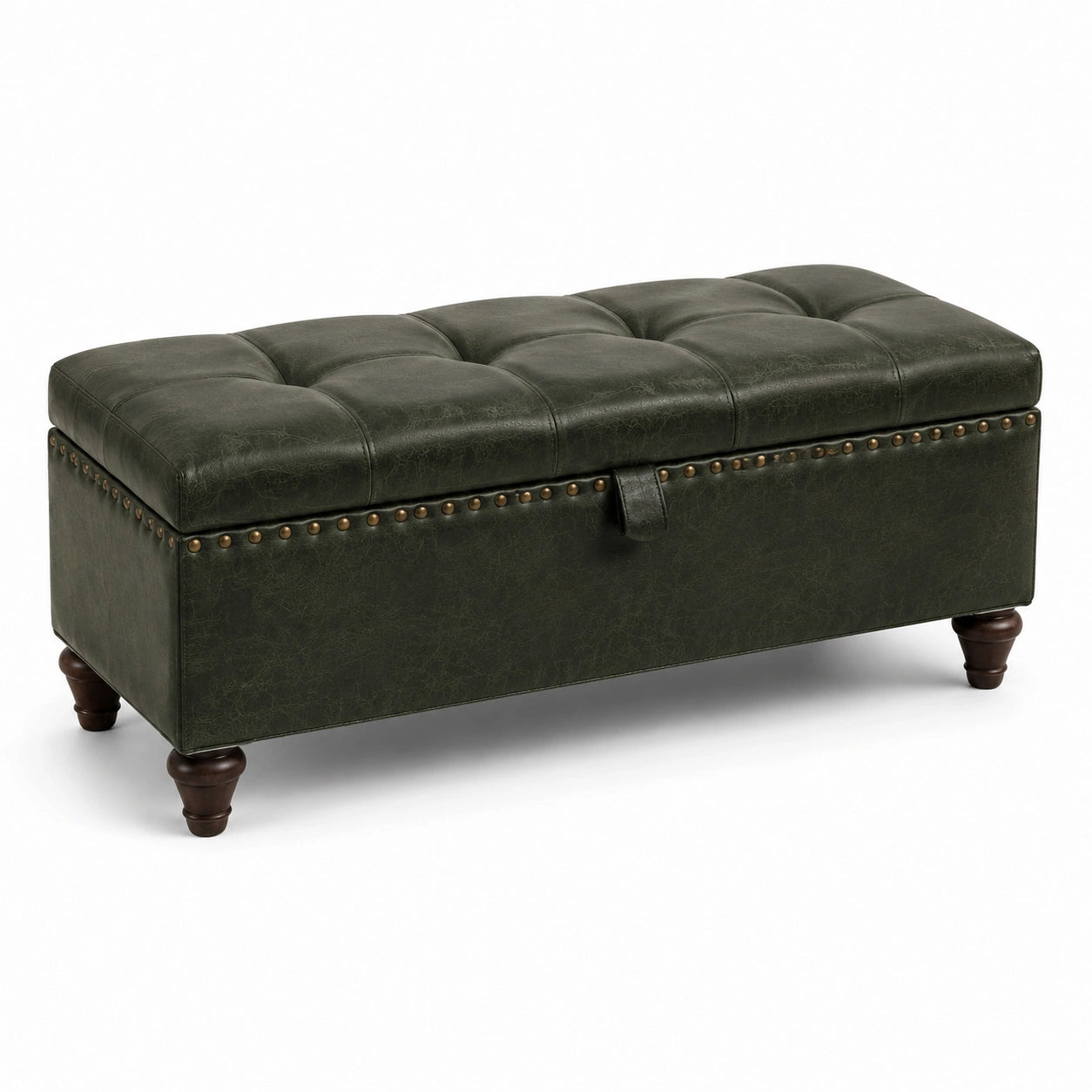 Panca contenitore imbottita in similpelle verde scuro con dettagli marroni e bronzo, 112 × 45 × 48 cm