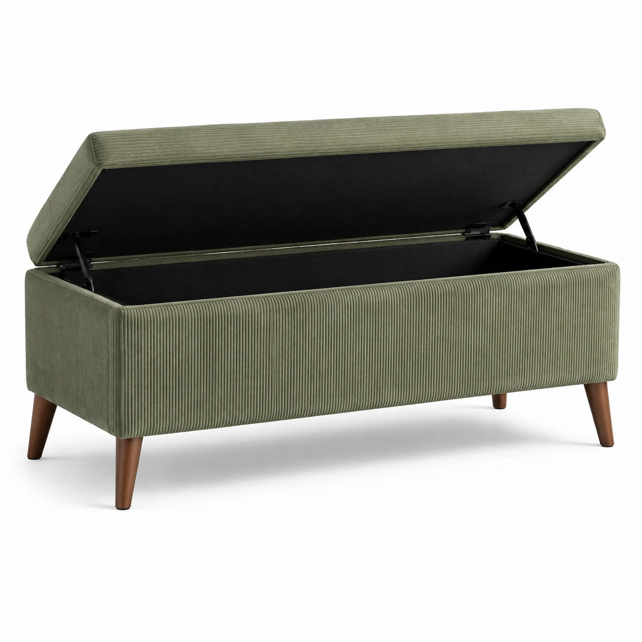 Panca contenitore imbottita in velluto a coste verde oliva con vano portaoggetti, 120 × 45 × 50 cm