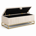 Panca contenitore imbottita in bouclé avorio con base dorata, 120 × 45 × 50 cm