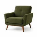 Poltrona rétro in tessuto verde oliva con gambe in legno marrone, 85 × 82 × 84 cm